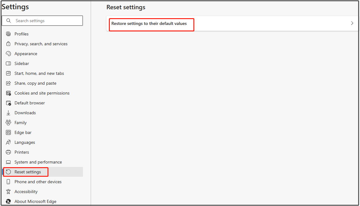 Restore settings to their default values
