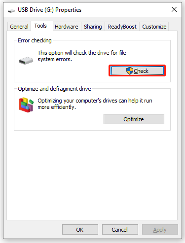 click Check in the Properties window of the USB