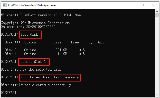 clear write protection using Diskpart