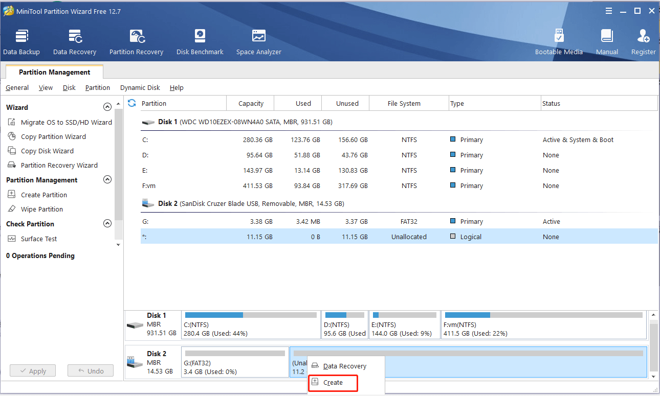 select Create Partition in MiniTool