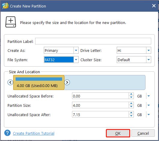 create a new partition using the MiniTool software