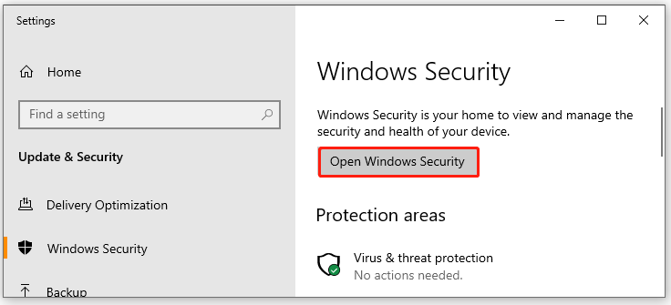 click Open Windows Security