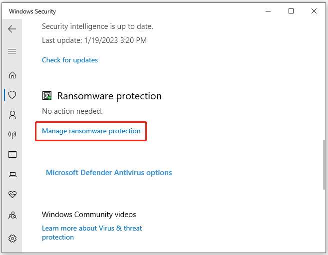 click Manage ransomware protection