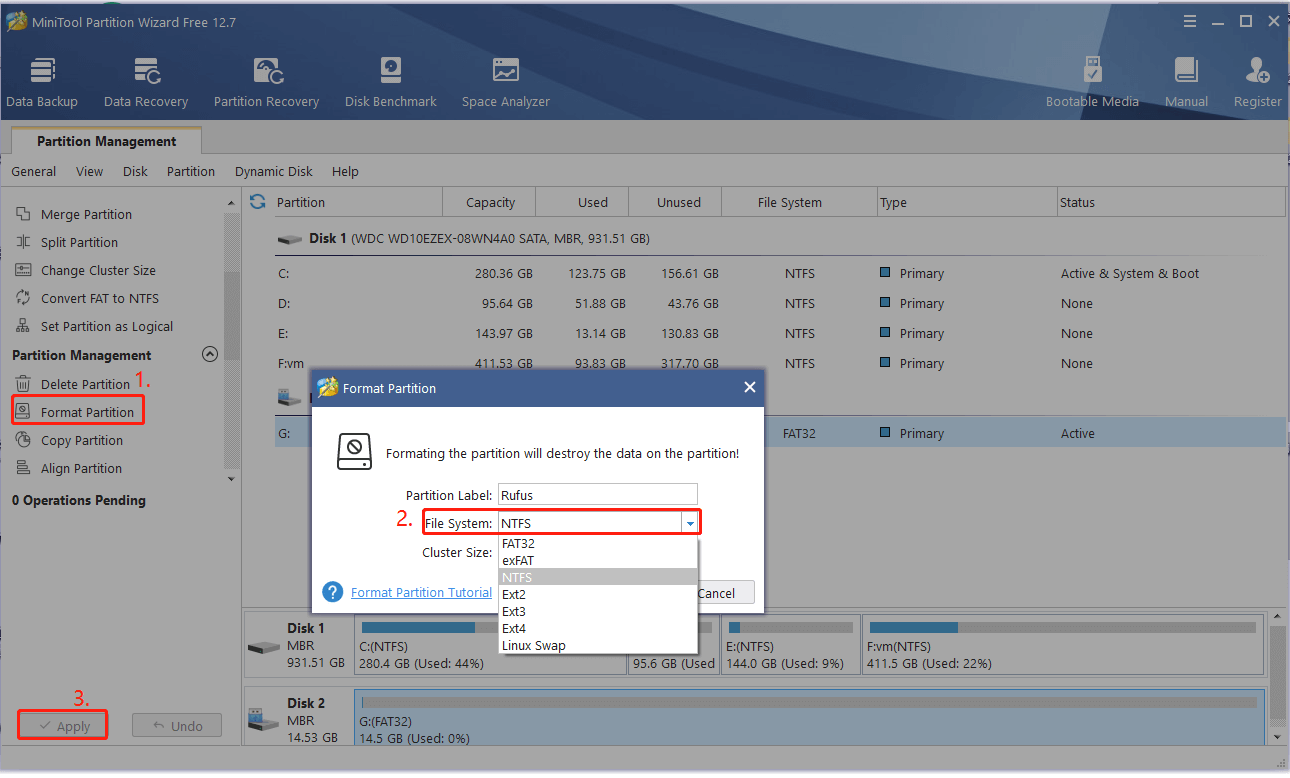 format a USB drive using the MiniTool software