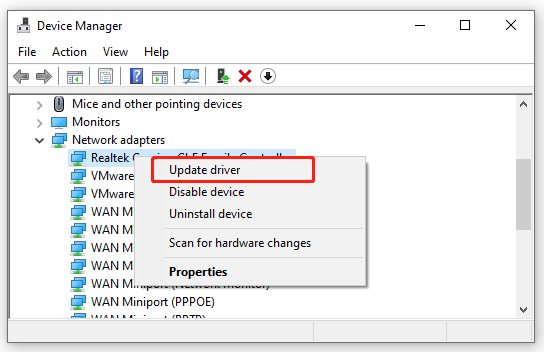 select Update driver for Network adapters