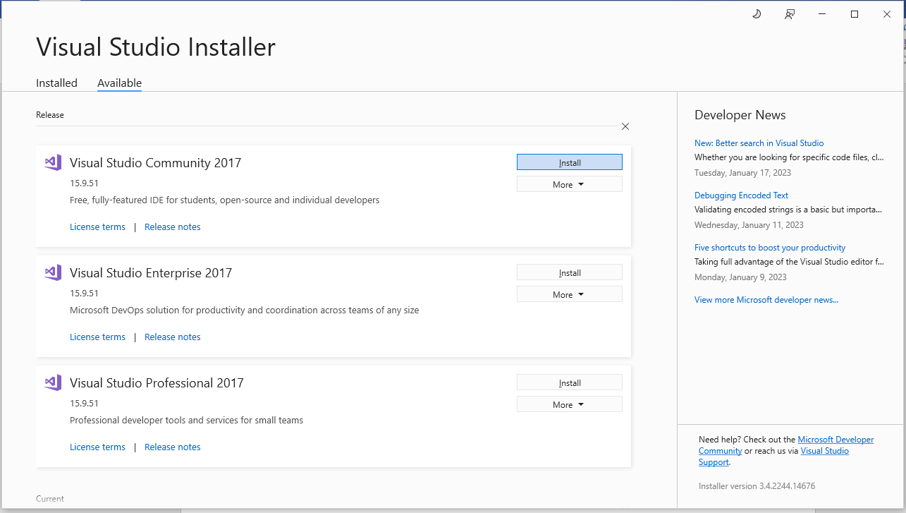 main interface of Visual Studio Installer