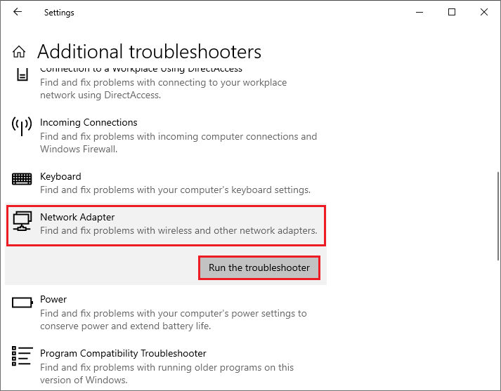 run the Network Adapter troubleshooter
