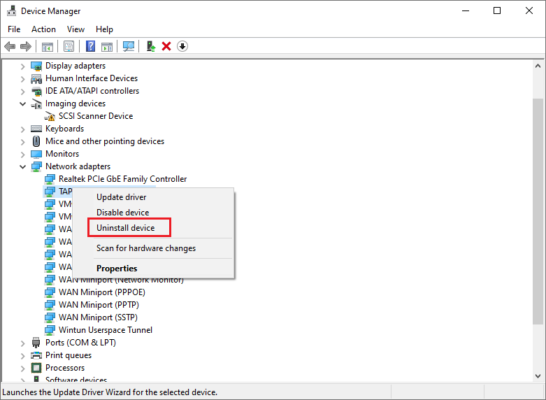 select Uninstall device