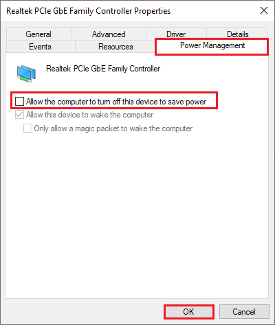 uncheck Allow the computer to turn off this device to save power