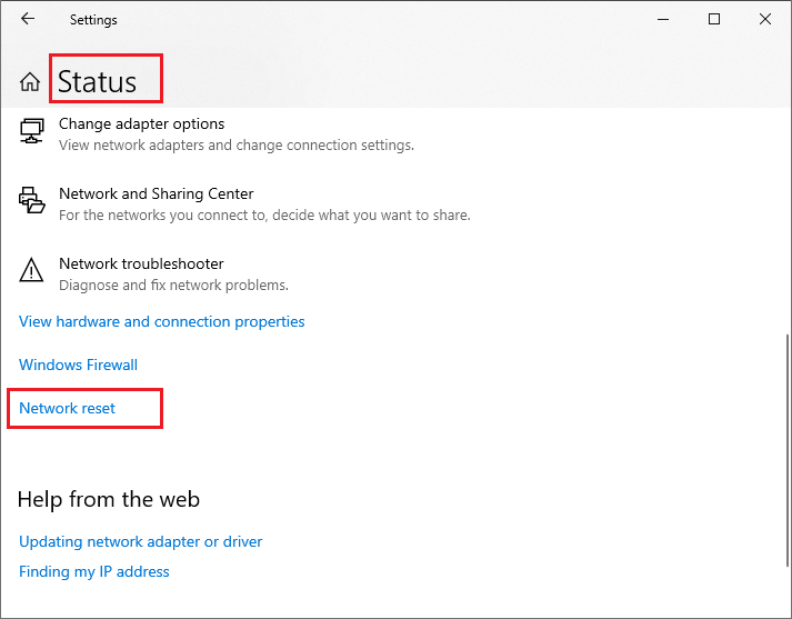 select Network reset