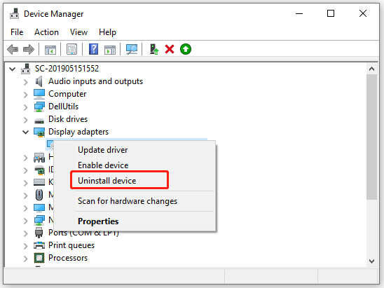 select Uninstall device