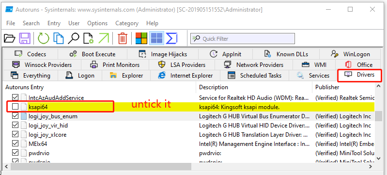 untick the driver in Autoruns