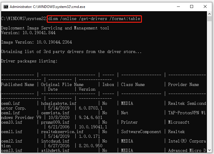 list drivers using the DISM command