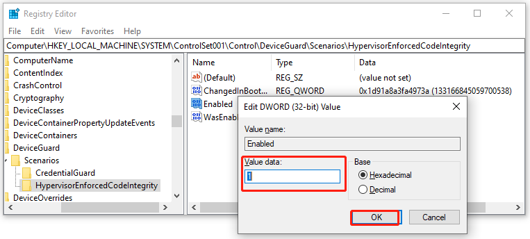 set the Value data of HypervisorEnforcedCodeIntegrity to 1