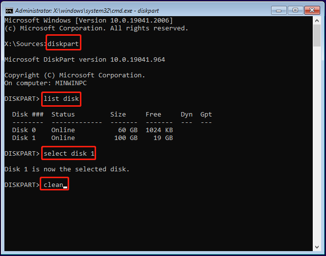 Clean the disk via diskpart