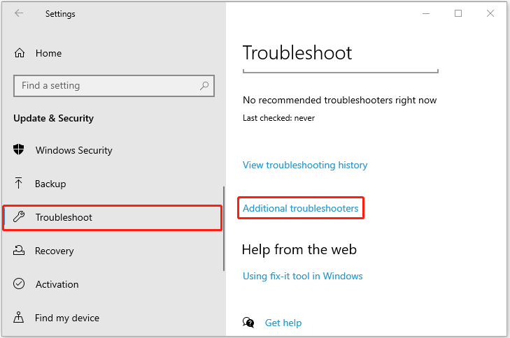 Click Additional troubleshooters