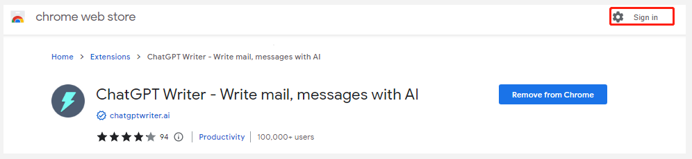 click Sign in on ChatGPT Writer Chrome