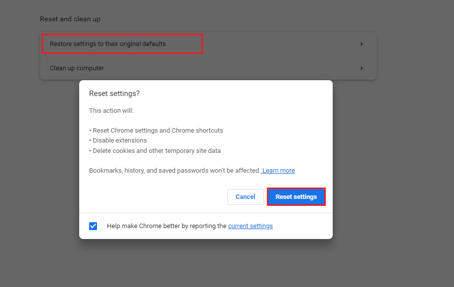reset Chrome settings to default
