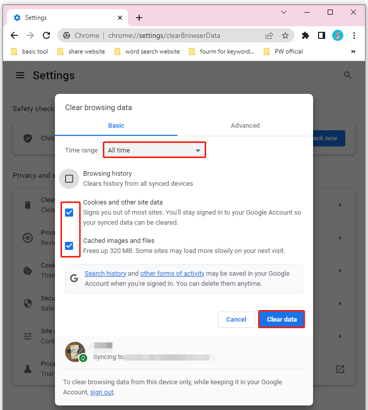 click Clear data