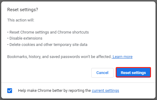 click the Reset settings button