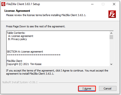 agree the license for FileZilla