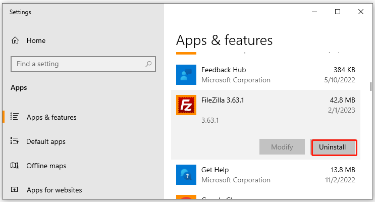 uninstall FileZilla