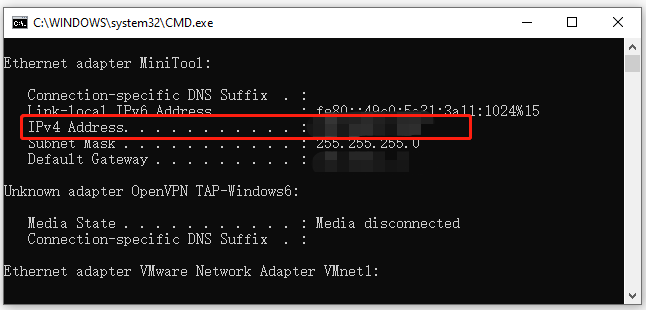 check IP address using ipconfig