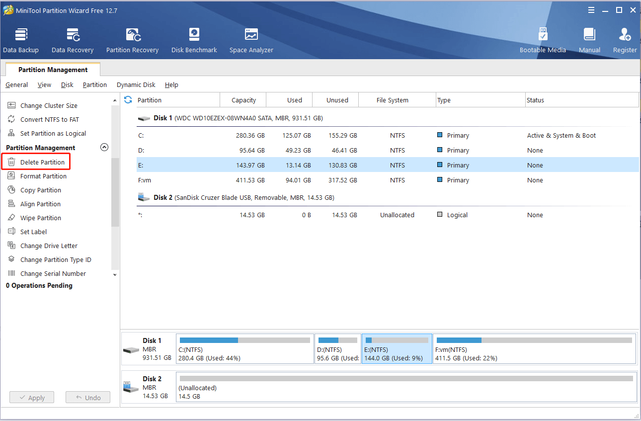 select Delete Partition on MiniTool