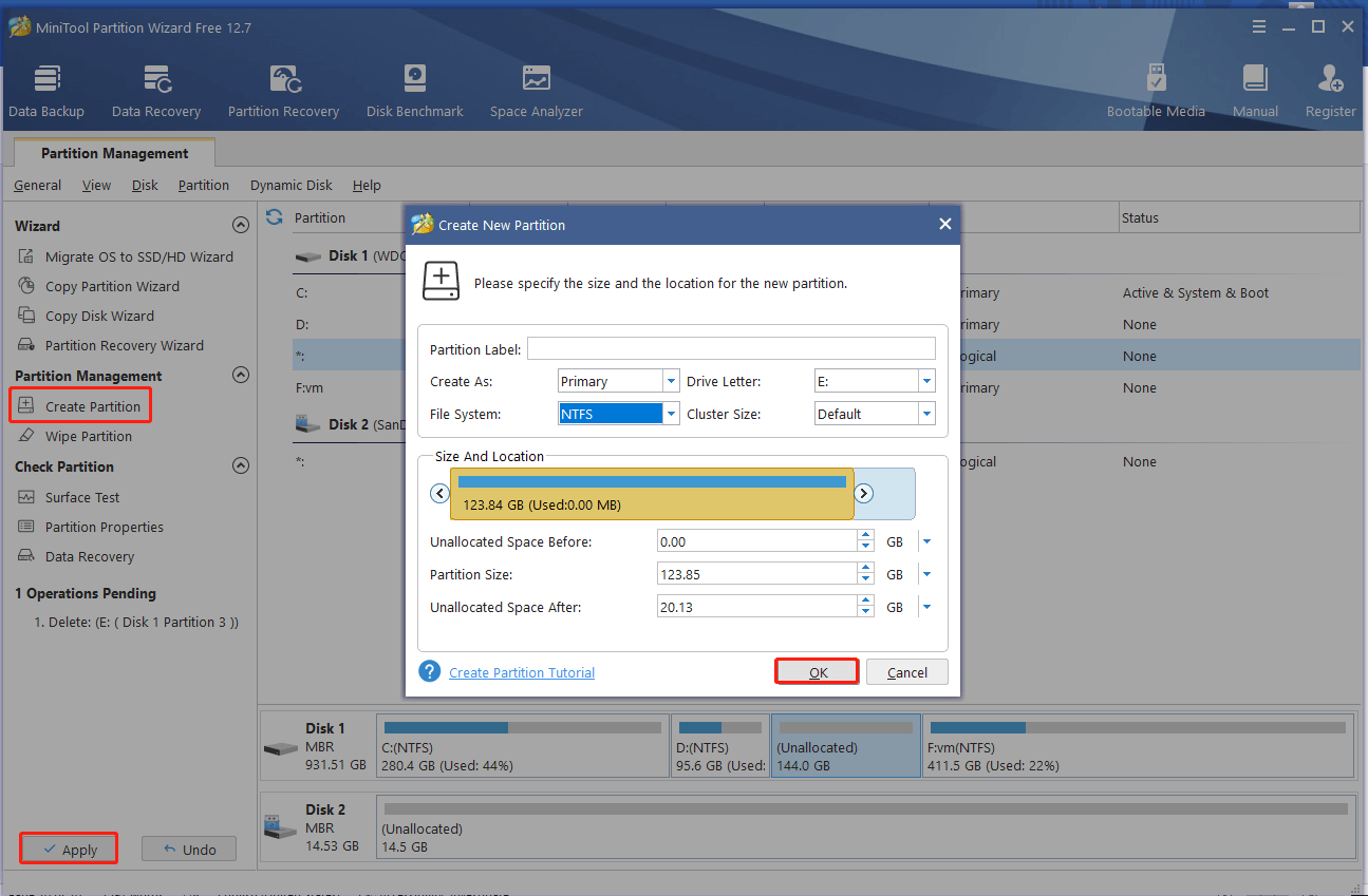 create a new partition using the MiniTool software