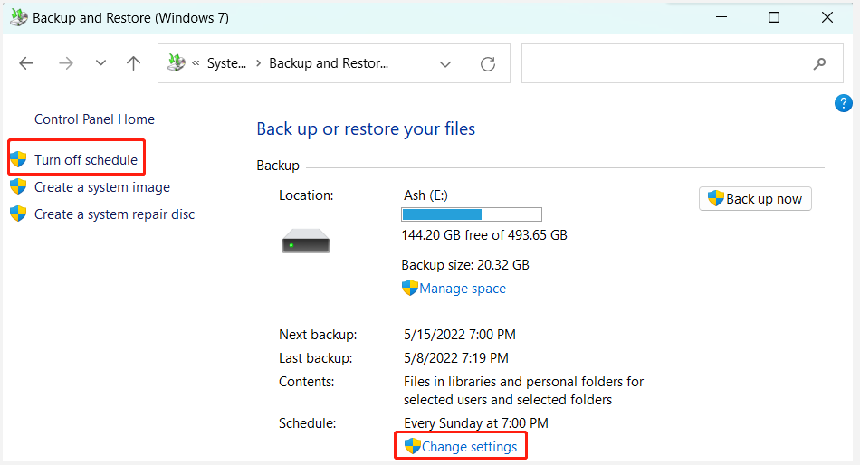 click Turn off schedule on Windows backup and restore