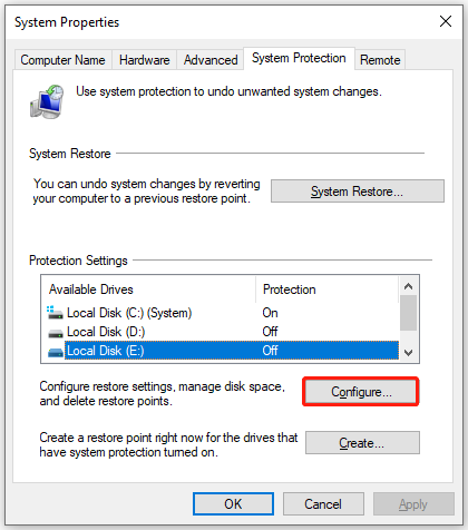 click Configure under Protection settings
