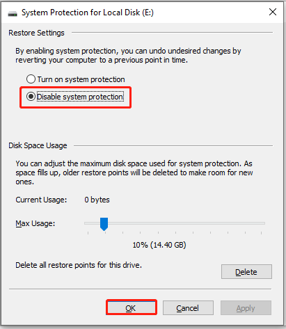 Disable system protection