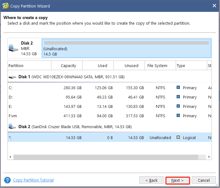 select a partition to save the copied partition