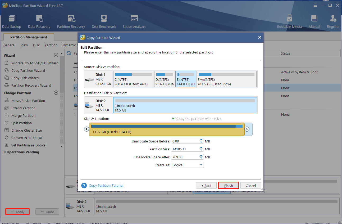copy partition using the MiniTool software
