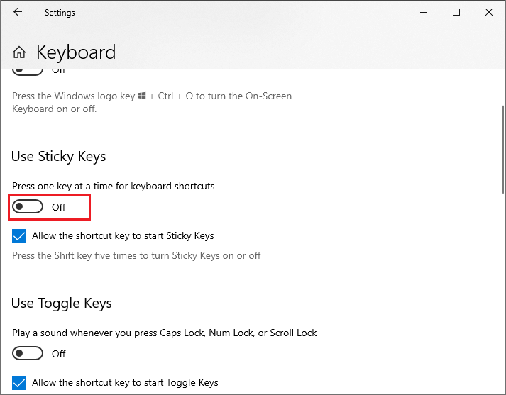 turn off Use Sticky Keys