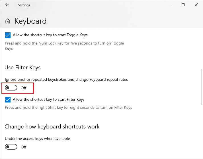 turn off Use Filter Keys