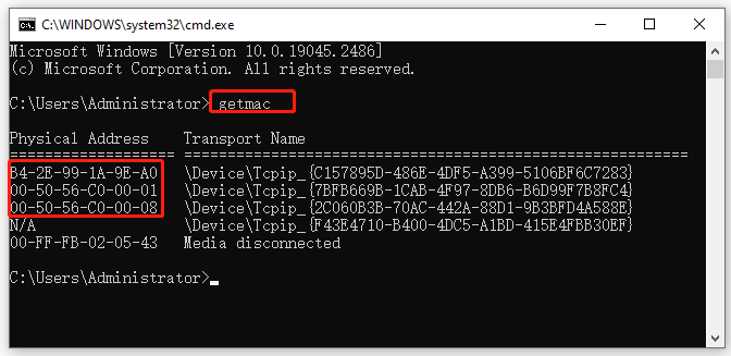find MAC address CMD via getmac