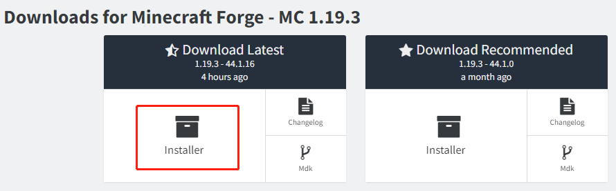 click Installer on the Minecraft Forge download page