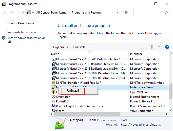 uninstall Notepad++