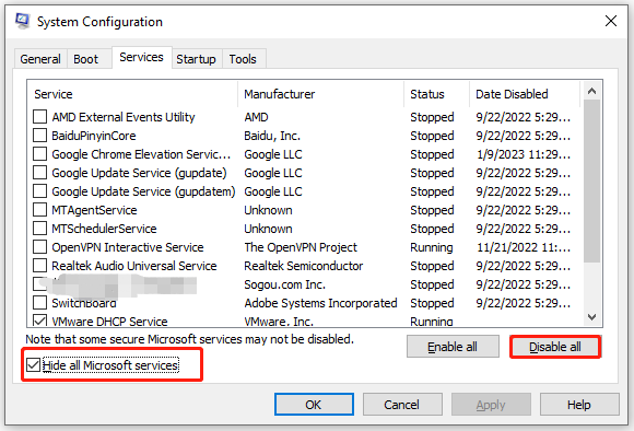 click Disable all