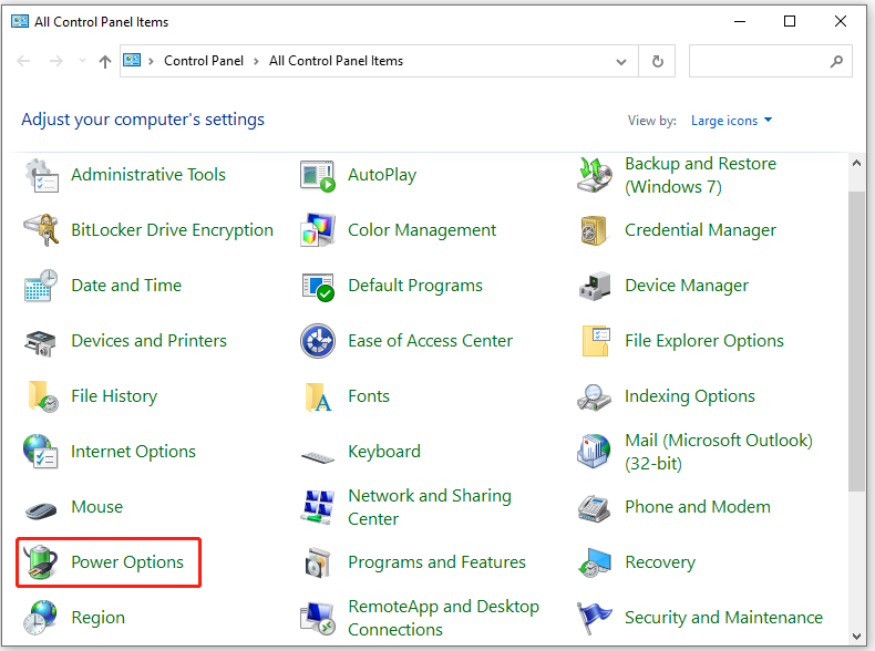 click Power Options