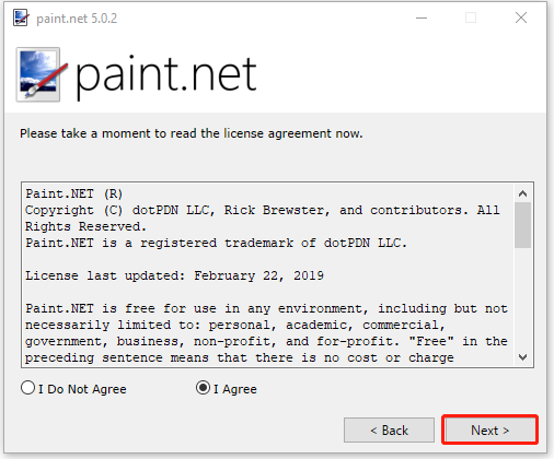 accept the license agreement of paint net