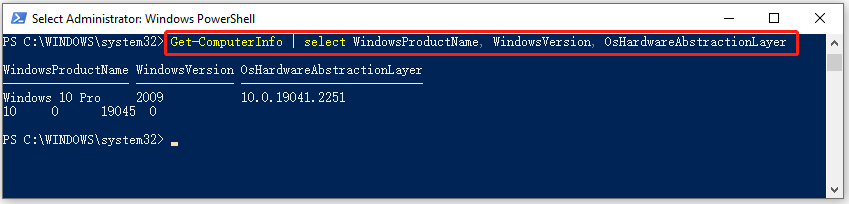 PowerShell get windows version via Get ComputerInfo