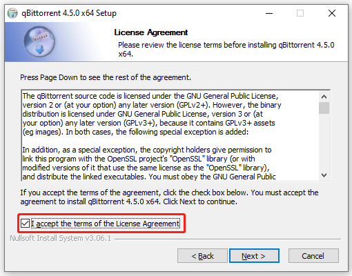 accept the license agreement of qBittorrent