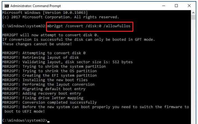 convert MBR to GPT using mbr2gpt