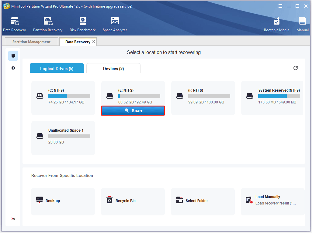 click Scan in MiniTool Partition Wizard