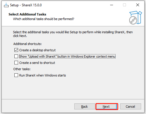 select Additional tasks for ShareX
