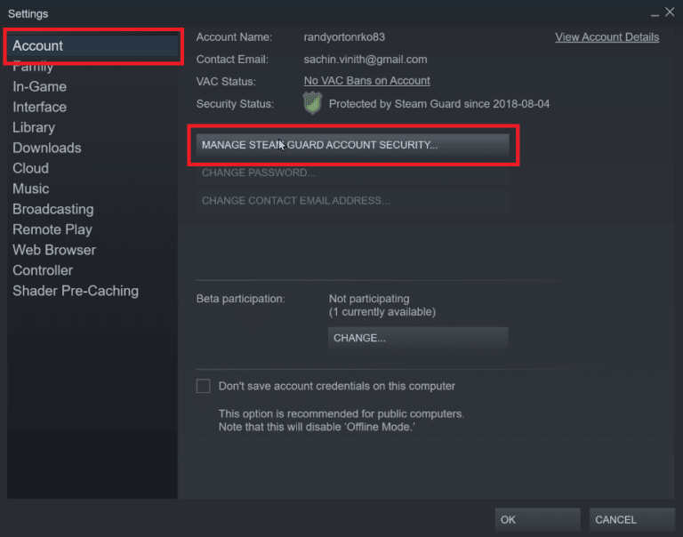 select MANAGE STEAM GUARD ACCOUNT SECURITY