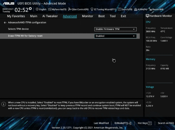 disable the Erase fTPM NV for factory reset feature