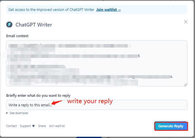 click Generate Reply in ChatGPT Writer